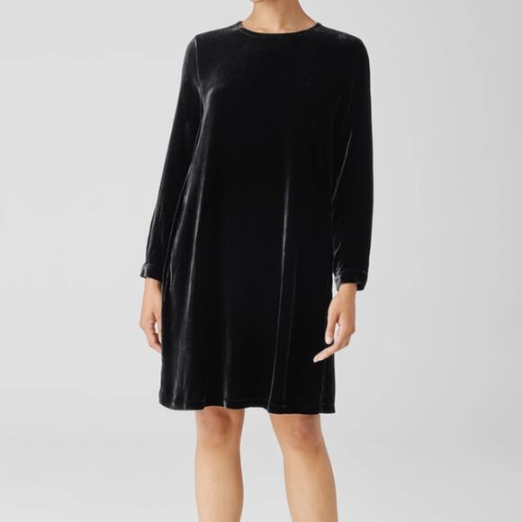 NWT Eileen Fisher black Velvet silk blend Crew Neck Dress, L - Picture 1 of 13